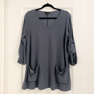 Sun Kim Sz M v neck tunic top roll tab sleeves pockets gray lagenlook loose fit